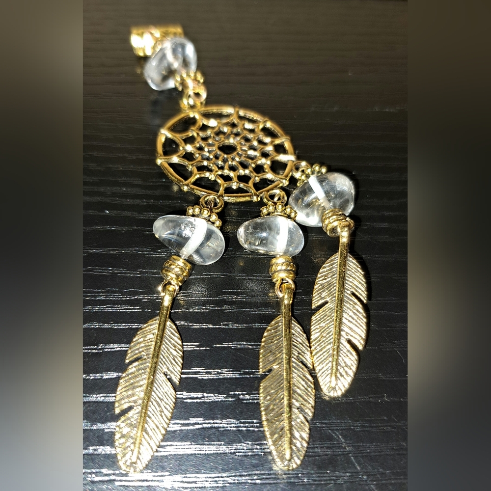 Antique Goldtone Dreamcatcher Pendant Clear Crystal Quartz No Chain